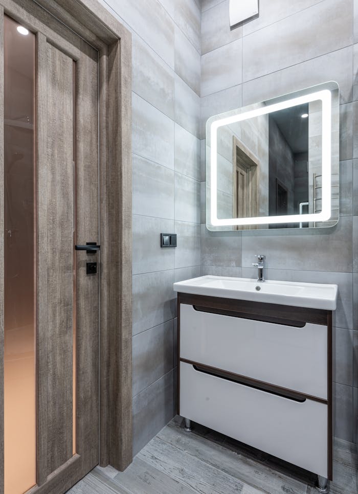 Explore a contemporary bathroom featuring an LED illuminated mirror and sleek washstand, showcasing modern design elements.
