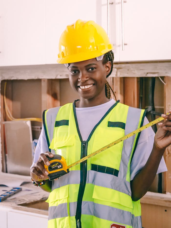 Smiling female engineer holding a measuring tape, wearing PPE and hardhat indoors.